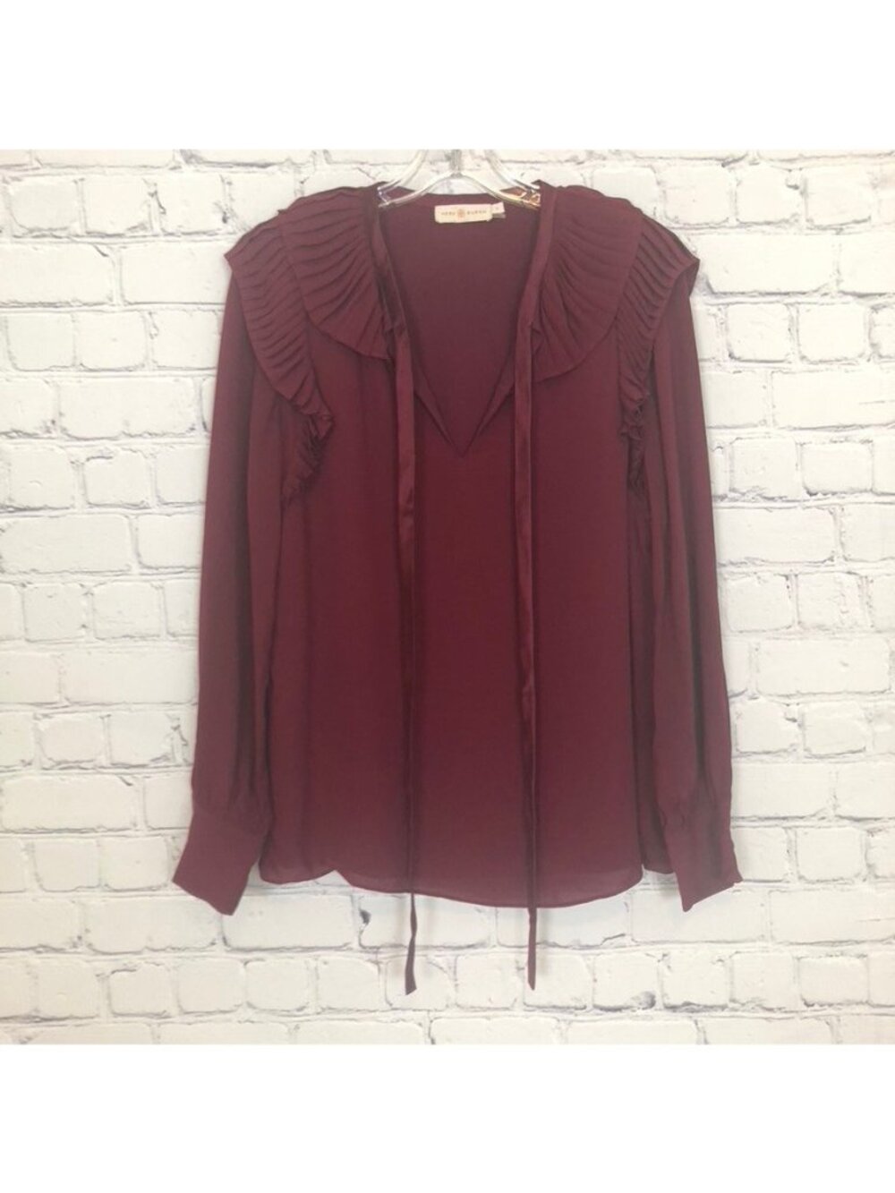 Tory Burch Maroon 100% Silk Ruffle Diana Blouse Size 8